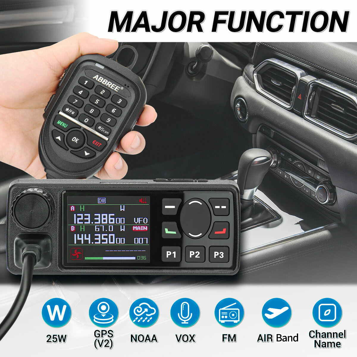 ABBREE AR-2520 25W Walkie Talkie AM Full Band Mobie Radio 108-520MHz 999 Channels Amateur GPS Radio Car Radio Station with Hand