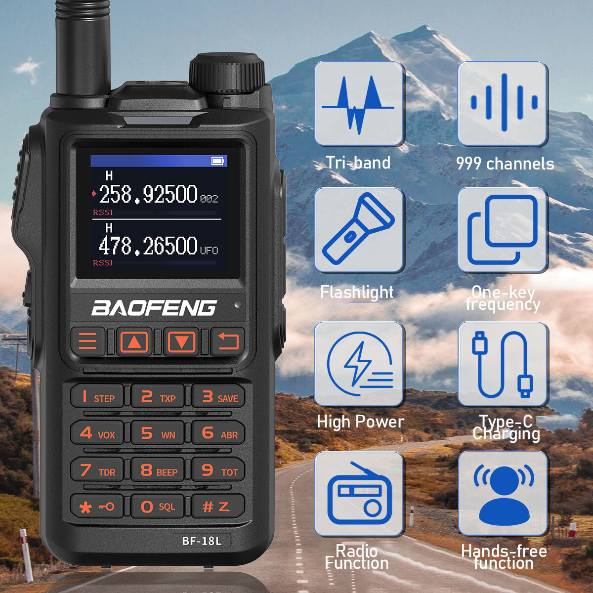 Baofeng BF-18L Tri-Band High Power Walkie Talkie Long Range Type-C Charging UHF VHF Wireless Frequency Ham Two Way Radio