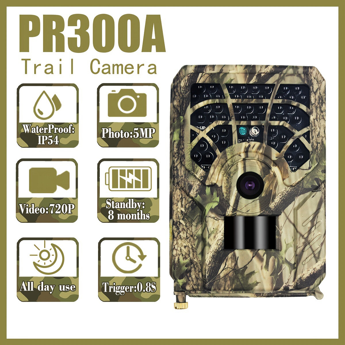 PR300A 720P Wildlife Trail Camera 46Pcs Infrared Beam 0.8s Hunting Camera Night Vision 12Degrees Photo Trap Wildlife Trail Therm