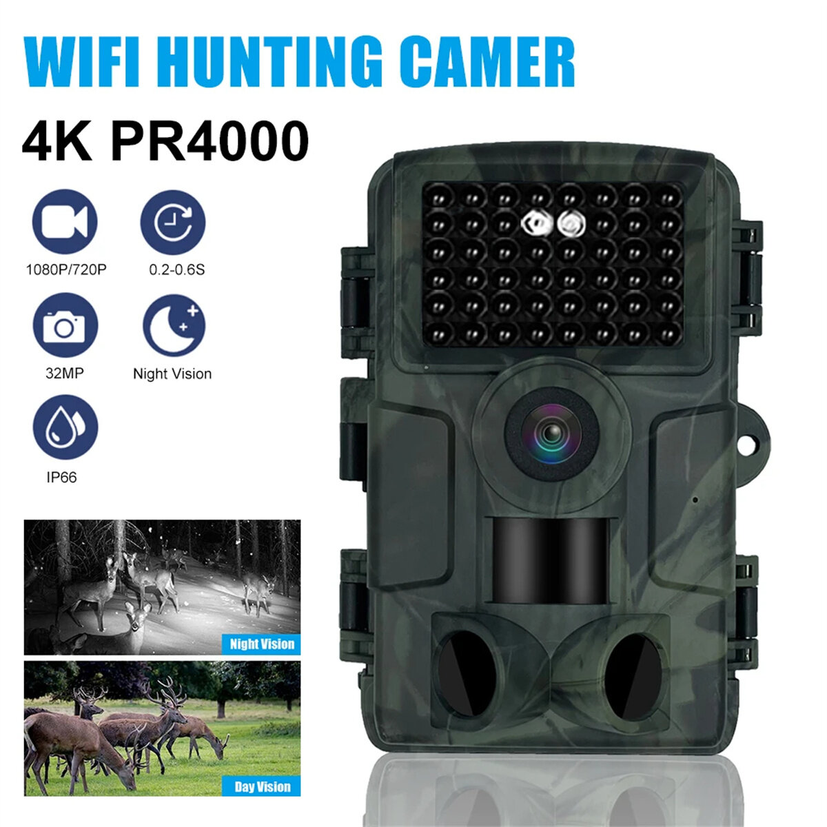 PR4000 WIFI Hunting Trail Cameras 32MP 1080P Resolution 4K HD Video 2.0 inch Screen IP66 Waterproof 20m PIR Sensing Infrared Nig