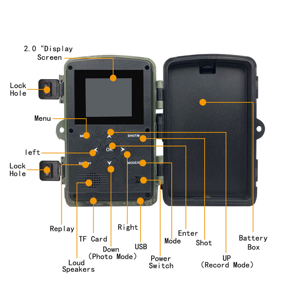 PR1000 Trail Hunting Cameras 36MP 1080P Resolution 2.0 inch Screen IP66 Waterproof 20m PIR Vision Distance for Outdoors Wildlife