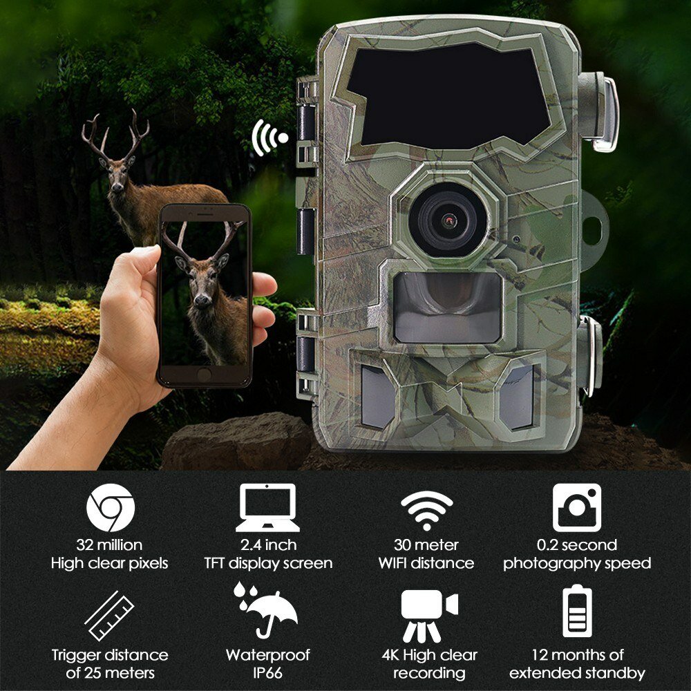 HC888 WIFI Wildlife Trail Hunting Camera 32MP Pixels 4K HD Video Recording IP66 Waterproof 30m Night Distance Phone Connection f