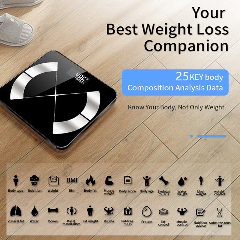 Smart Wireless Body Scale 25 Key Body Data Analyze 3 Units Switch App Composition Monitoring 19 Languages Support 180kg Accurate