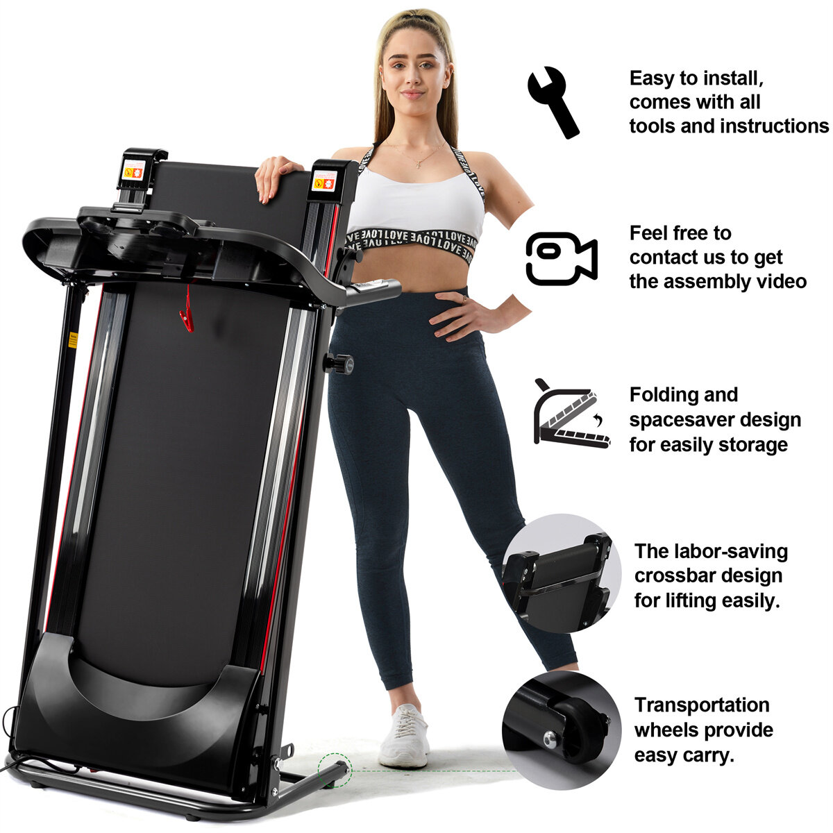 [USA Direct] Bominfit JK1609A Folding Treadmill 2.5HP Motor 12km/h Max Speed 120kg Weight Capacity 14 inch Running Belt bluetoot