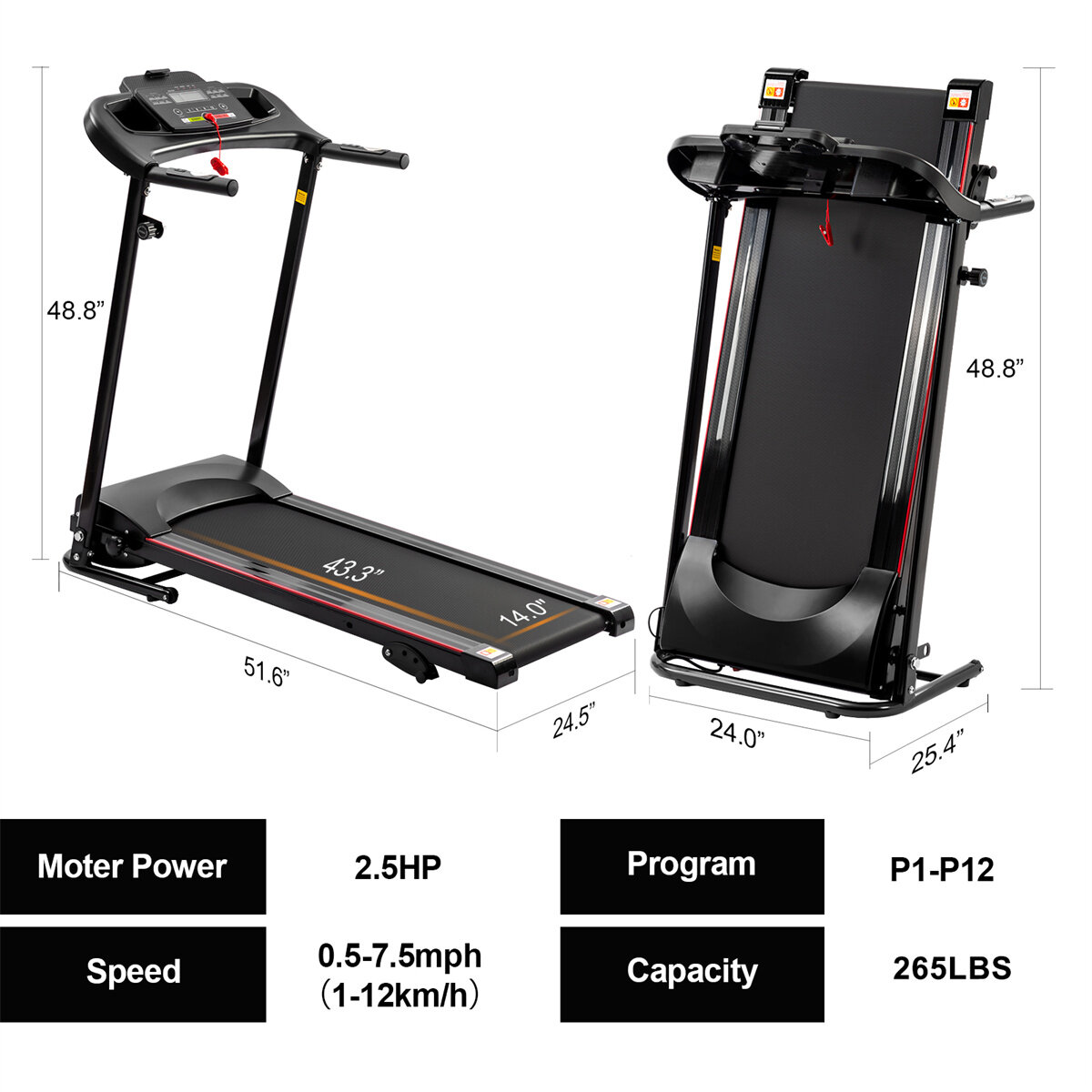 [USA Direct] Bominfit JK1609A Folding Treadmill 2.5HP Motor 12km/h Max Speed 120kg Weight Capacity 14 inch Running Belt bluetoot