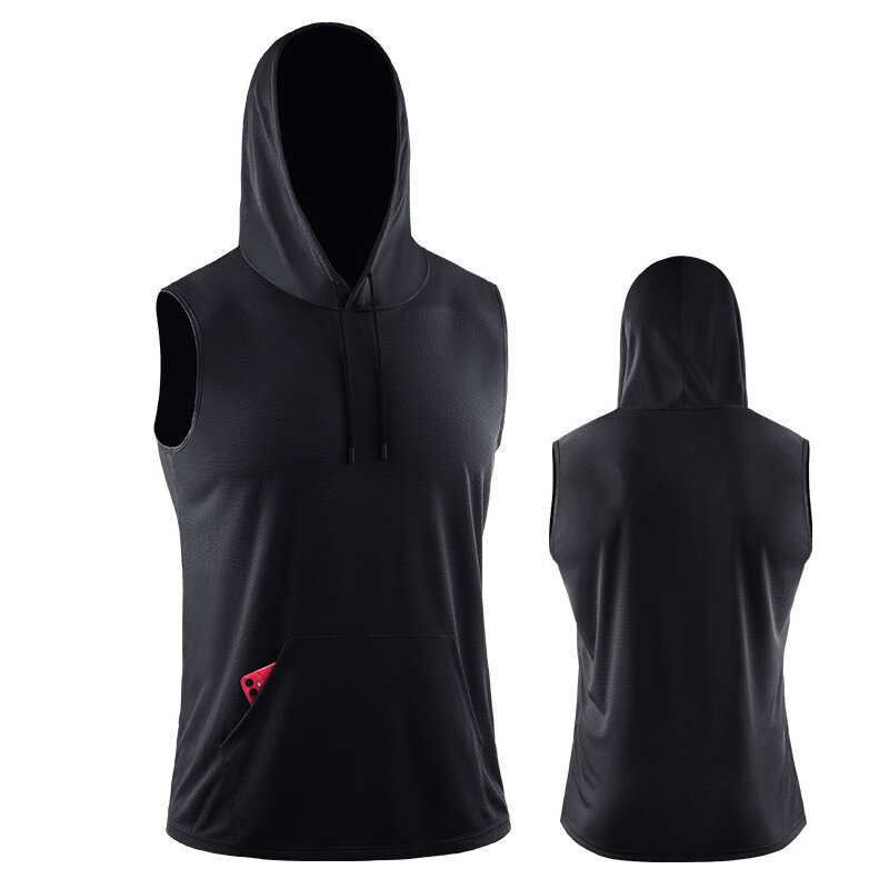 Men's Hooded Quick-drying Sports Vest Breathable Elastic Sleeveless Fitness Tank Top for Outdoor Basketball Running Training