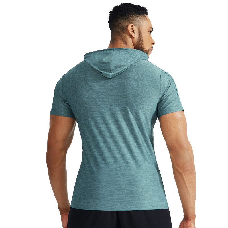 Men's Hooded Fitness T-shirt Quick Dry Sweat Elastic Sport Shirt Men Gym Exercise Sport Top for Outdoor Running Training