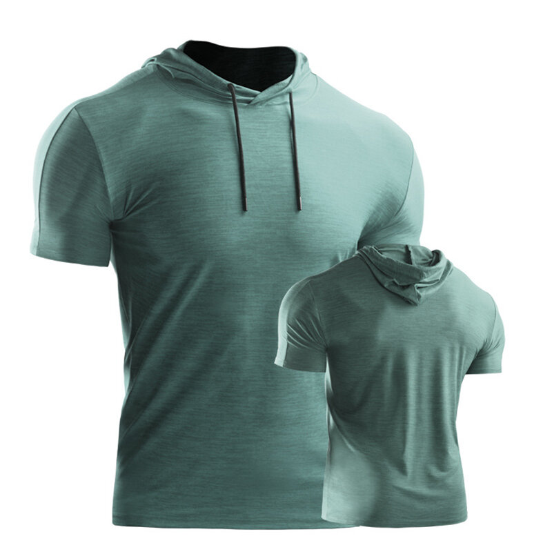 Men's Hooded Fitness T-shirt Quick Dry Sweat Elastic Sport Shirt Men Gym Exercise Sport Top for Outdoor Running Training