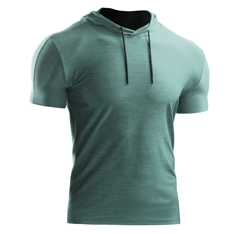 Men's Hooded Fitness T-shirt Quick Dry Sweat Elastic Sport Shirt Men Gym Exercise Sport Top for Outdoor Running Training