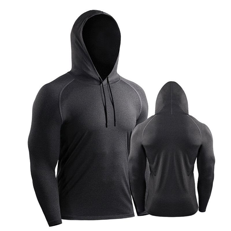 Men's Fitness T-shirt Hoodies Quick Dry Sweat Elastic Sport Shirt Men Gym Exercise Coat for Outdoor Running Training