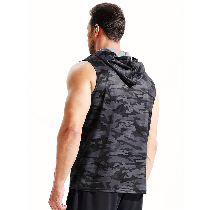 Men's Camo Fitness T-Shirt Hoodie Loose Sweat-Absorbent Sweatshirt Men's Gym Sportswear for Outdoor Running Training