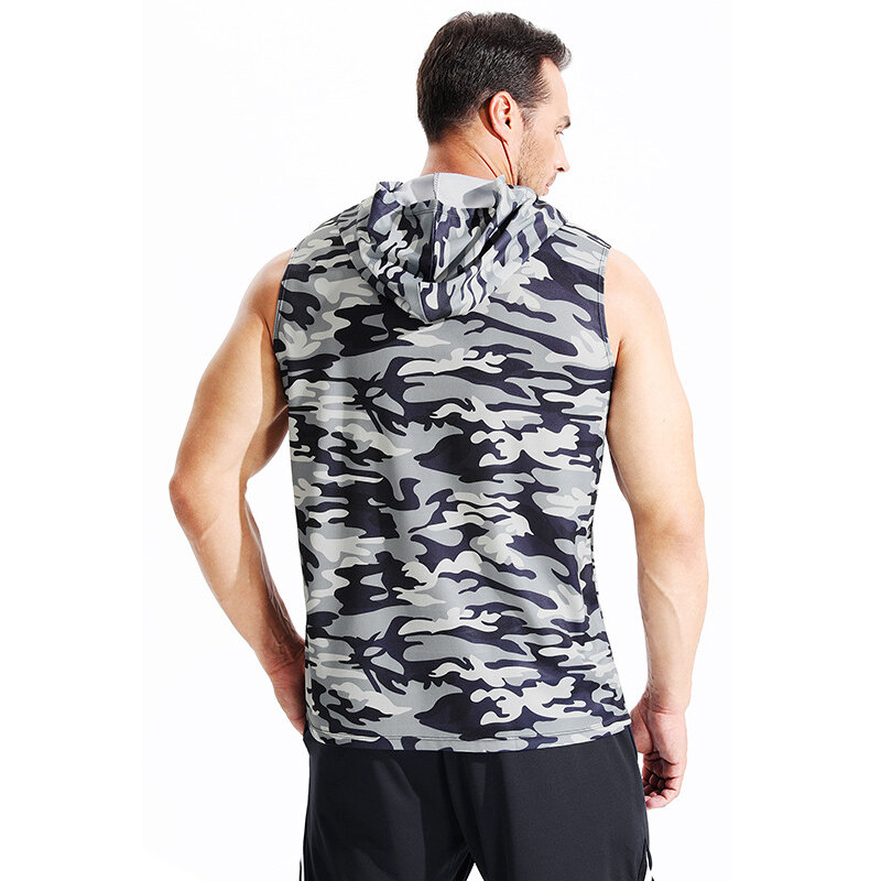 Men's Camo Fitness T-Shirt Hoodie Loose Sweat-Absorbent Sweatshirt Men's Gym Sportswear for Outdoor Running Training