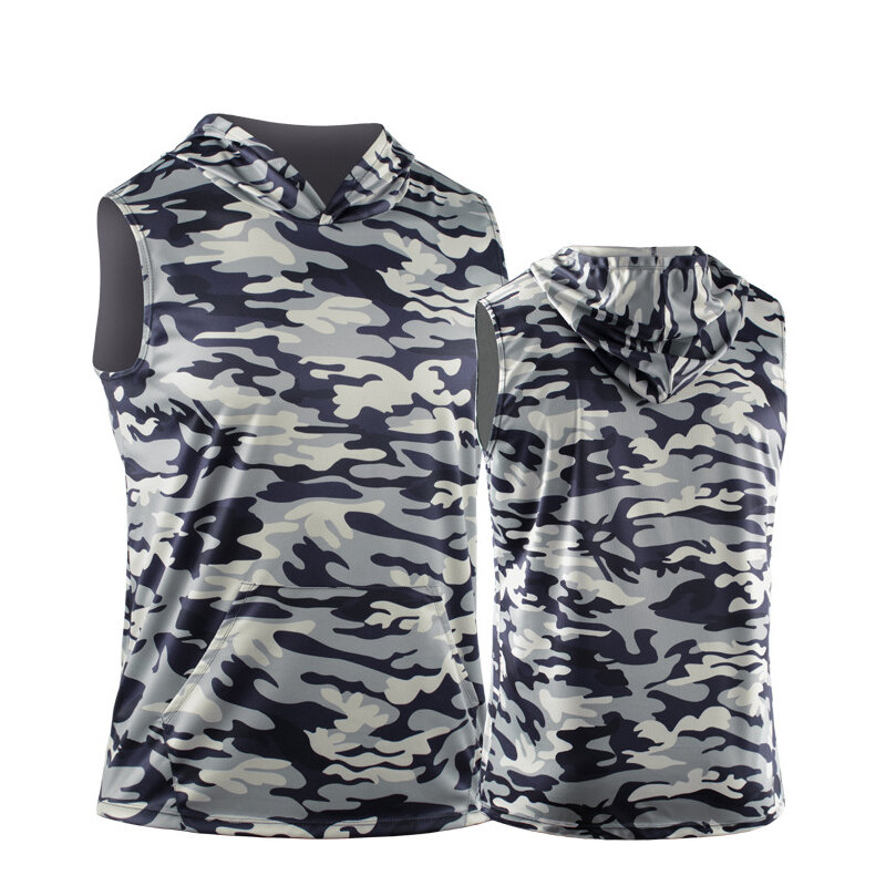 Men's Camo Fitness T-Shirt Hoodie Loose Sweat-Absorbent Sweatshirt Men's Gym Sportswear for Outdoor Running Training