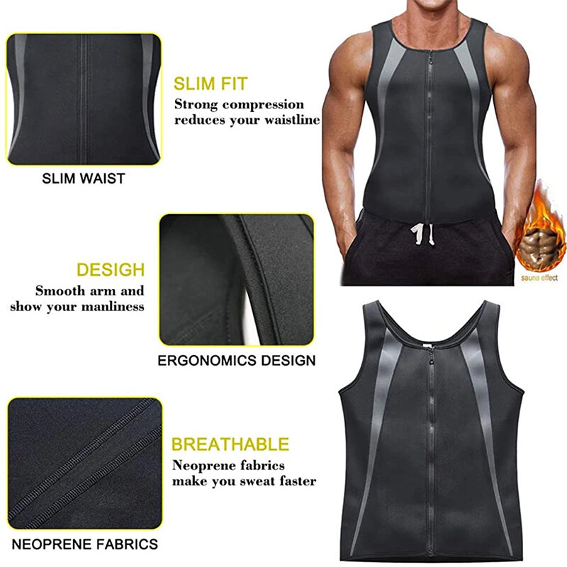 Men's Sweat Sauna Suit Shaper Stretch Breathable Sweat Absorbing Zip Up Sportswear Fitness Vest for Losing Weight Fitness