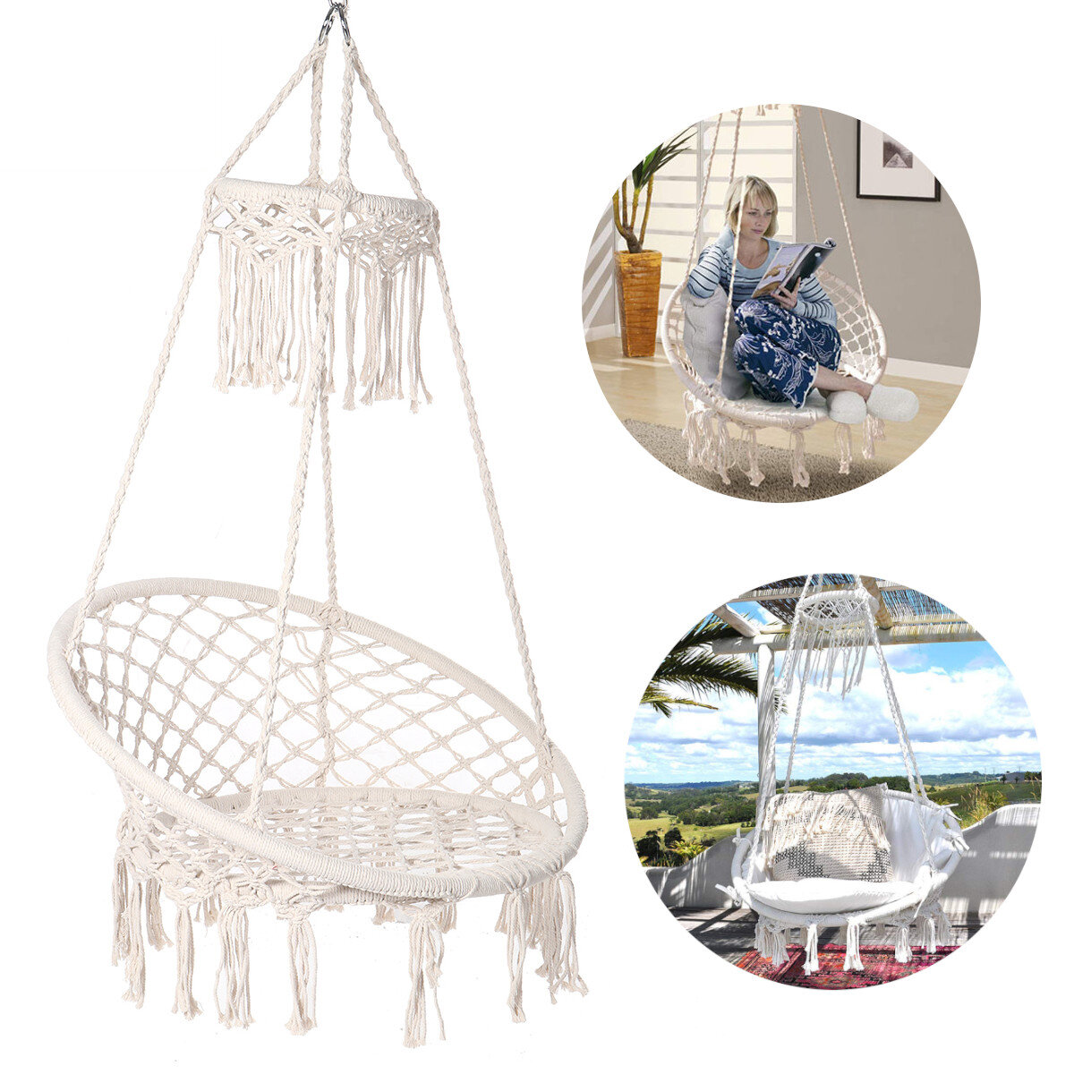 150KG Max Load Classic Hammock Swing Chair Bohemian Style Cotton Rope Hanging Spider Swing for Patio, Yard, Garden Indoor Outdoo