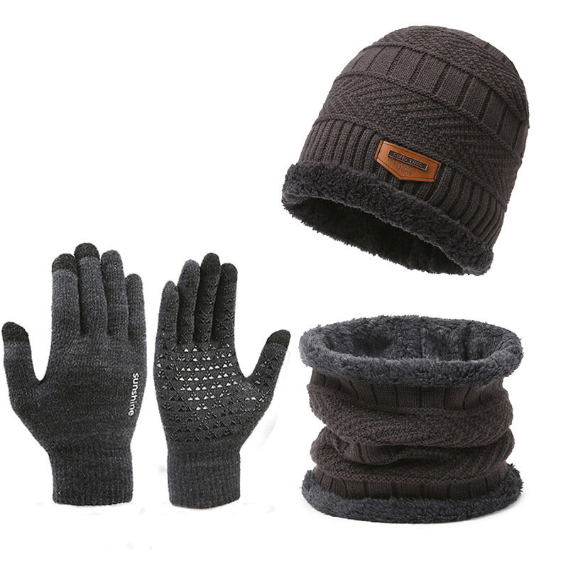 3pcs/set Women Men Winter Hat and Glove Sets Warm Knit Hat Snow Ski Skull Cap with Visor and Touch Screen Mittens Texting Gloves