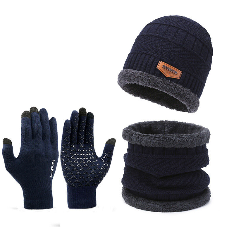 3pcs/set Women Men Winter Hat and Glove Sets Warm Knit Hat Snow Ski Skull Cap with Visor and Touch Screen Mittens Texting Gloves