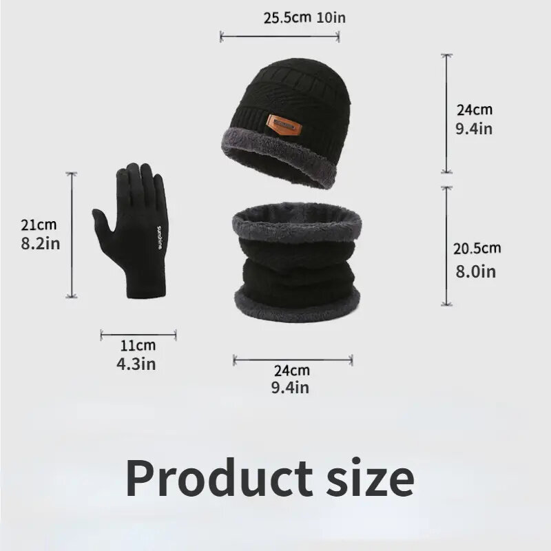 3pcs/set Women Men Winter Hat and Glove Sets Warm Knit Hat Snow Ski Skull Cap with Visor and Touch Screen Mittens Texting Gloves