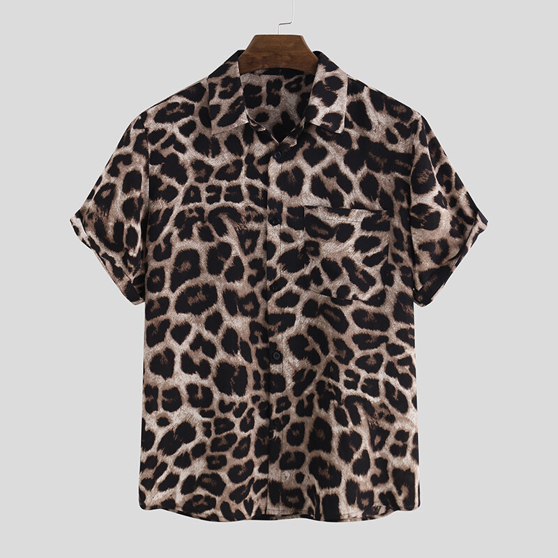 OUTDOOR Summer Leopard Print Shirts Fashion Men Short Sleeve Lapel Shirt Casual Floral Blouse Men Hawaiian Beach Tops