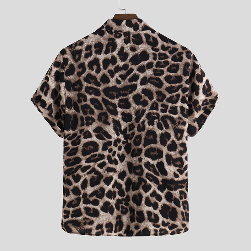 OUTDOOR Summer Leopard Print Shirts Fashion Men Short Sleeve Lapel Shirt Casual Floral Blouse Men Hawaiian Beach Tops