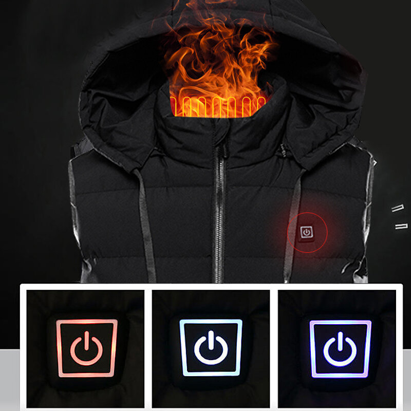 TENGOO 9 Areas Heating Jackets Unisex 3-Gears Heated Vest Coat USB Electric Thermal Clothing Hooded Vest Winter Outdoor Warm Clo