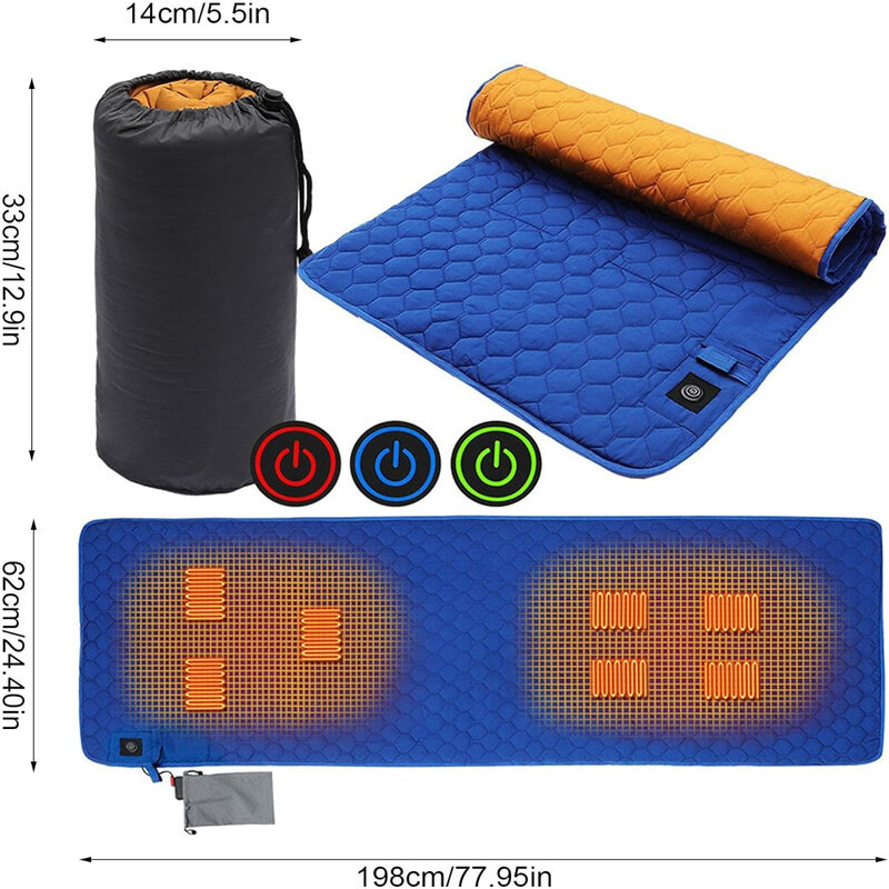 2023 USB Heated Sleeping Pad 7 Heating Zones 3 Temperature Level Control Foldable Lightweight Travel Mat for Winter Camping Hiki