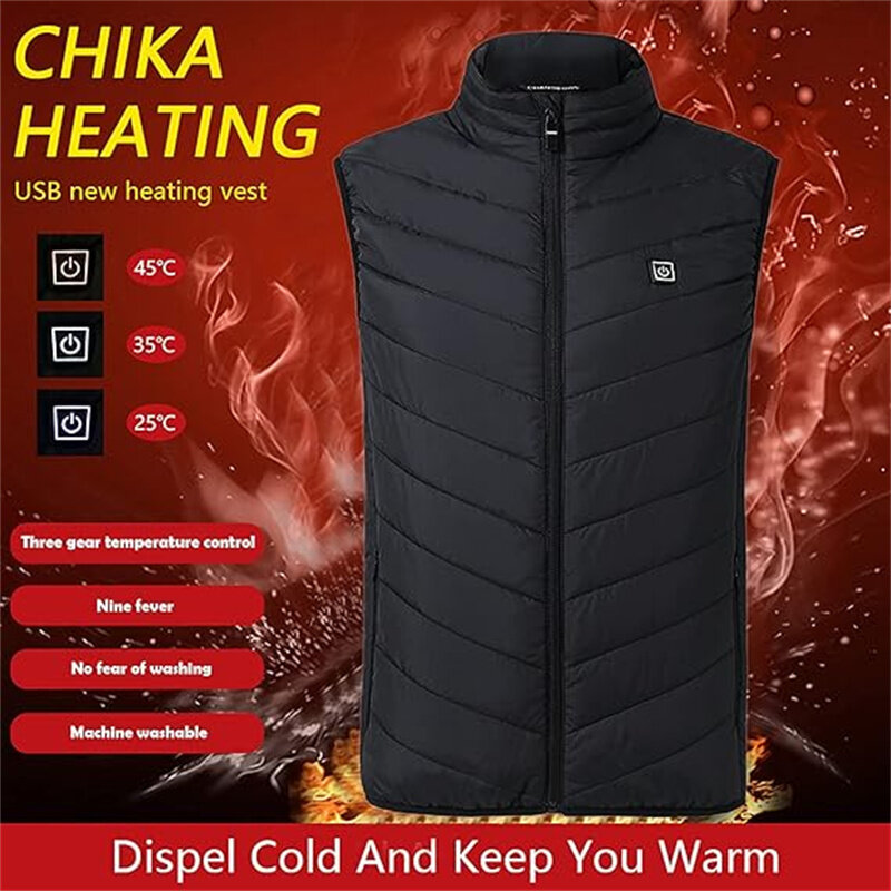 TENGOO HV-09B Heated Vest 9 Heating Zones Trible Gears Temperature Level Control USB Charging Waterproof Hip Length Electric Hea