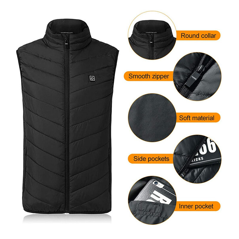 TENGOO HV-09B Heated Vest 9 Heating Zones Trible Gears Temperature Level Control USB Charging Waterproof Hip Length Electric Hea