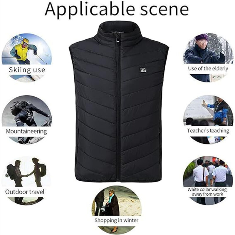 TENGOO HV-09B Heated Vest 9 Heating Zones Trible Gears Temperature Level Control USB Charging Waterproof Hip Length Electric Hea