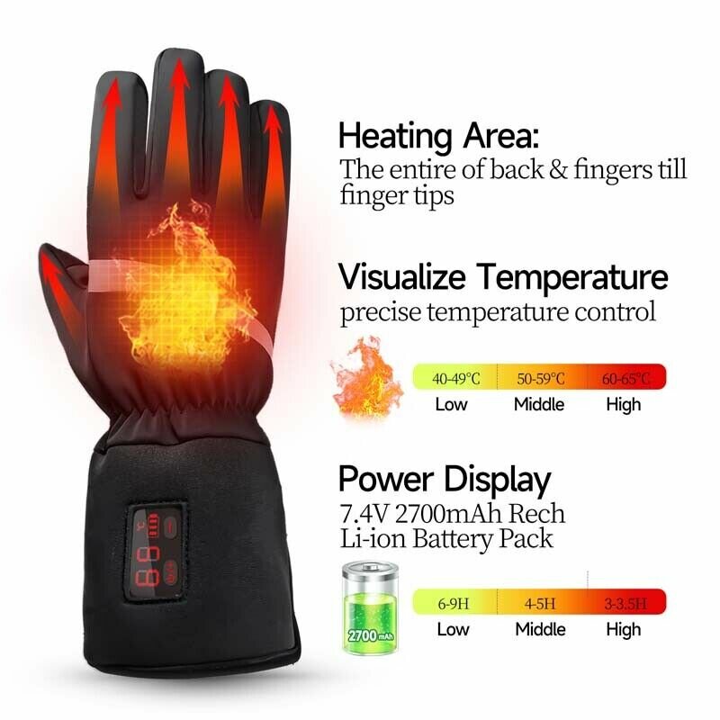 Heated Gloves Waterproof Touch Screen Rechargeable 2200mAh Battery Electric Heated Glove Liners Winter Gloves Precise Temperatur