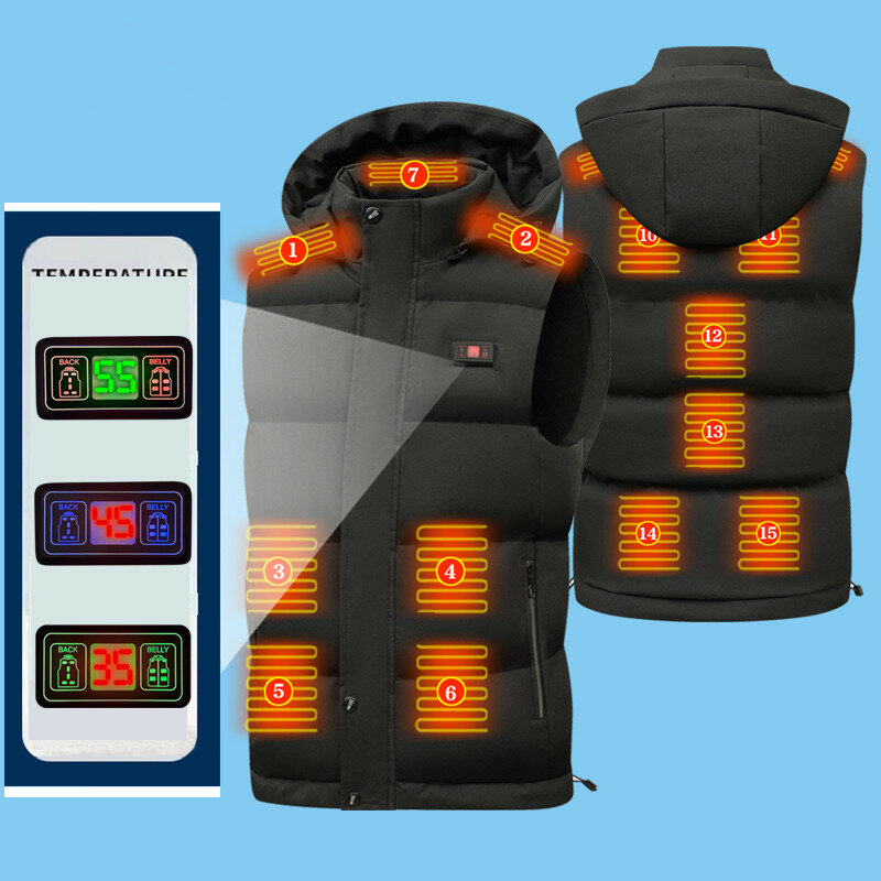 TENGOO HV-15B Heated Vest 15 Heating Zones Trible Temperature Level Control LED Display Waterproof Electric Heating Jacket for W