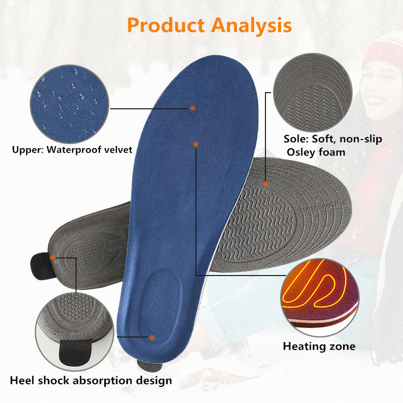 Heating Insoles 3 Modes Adjustable Temperature USB Rechargeable Insoles with Wireless Remote for Outdoor Skiing