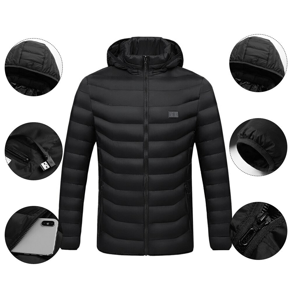 TENGOO HJ-11 Unisex 11 Areas Heating Jacket 3-Modes Adjust USB Electric Heating Coat Thermal Hoodie Jacket for Winter Sport Skii