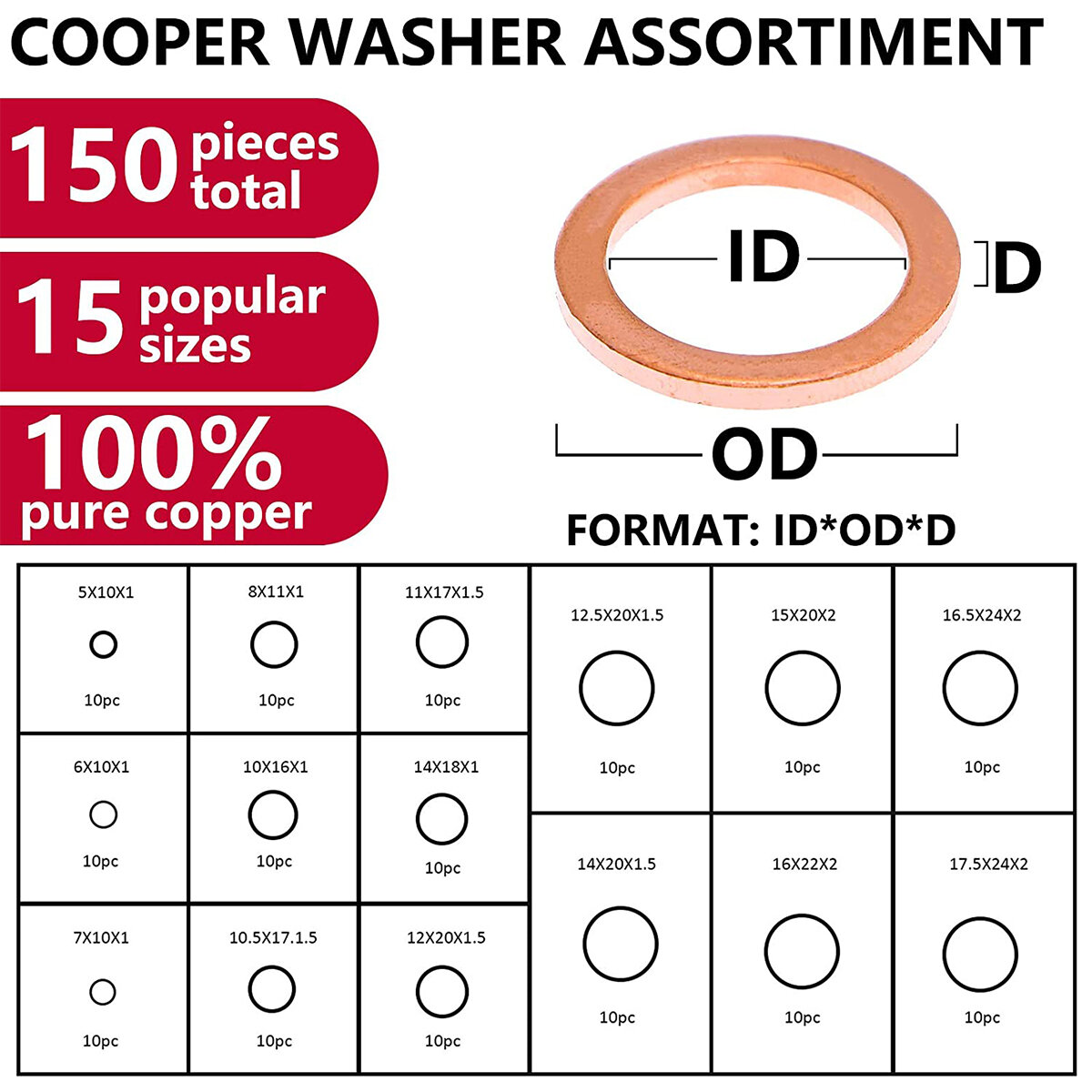 150PCS 15 Sizes Copper Metric Sealing Washers Assortment Set Flat Ring Sump Plug Oil Seal Gasket Sealing Washers Crush Washer As