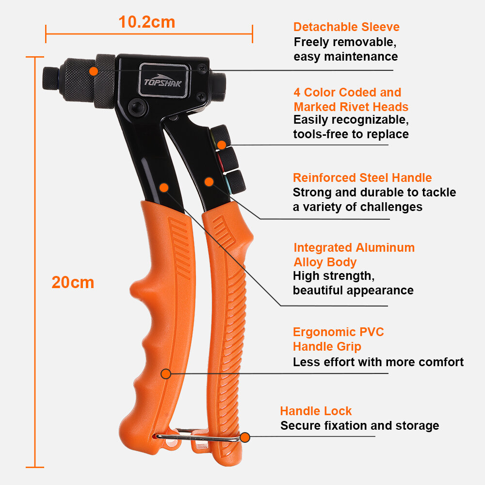 TOPSHAK RG1 Rivet Gun Kit with 80 Pcs Rivets Anti-slip Hand Riveter 4 Sizes of Rivet Heads Attached Professional Durable Single