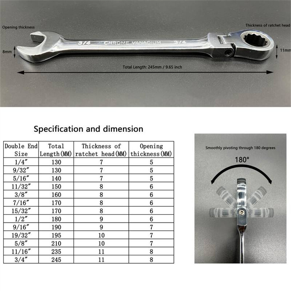 8-19mm 180-degree Movable Head Double-ended Wrench With Ratchet Dual-Use Ratcheting Wrench Set Auto-Fast Effort-Saving Open-En