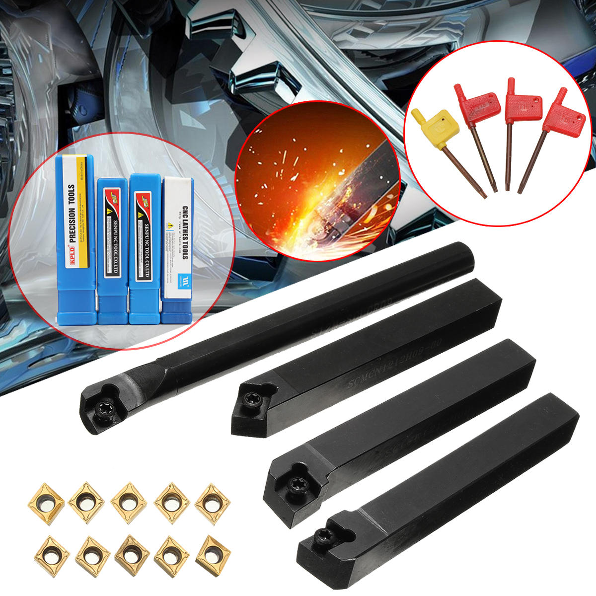 4pcs SCLCR/L SCMCN 12mm Lathe Boring Bar Turning Tool Holder With 10pcs CCMT09T304 Carbide Inserts