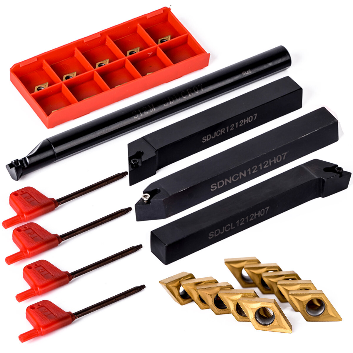 Machifit 10pcs DCMT070204 Carbide Inserts with 4pcs 12mm Lathe Boring Bar Turning Tool Holder