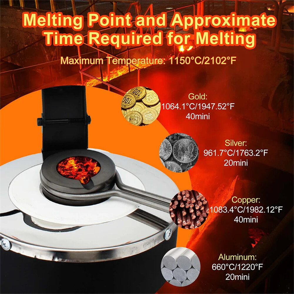 1400W Digital Electric Gold Melting Furnace with High Purity Graphite Crucible 1/2/3KG Capacity 1100°C/2000°F Max Temper