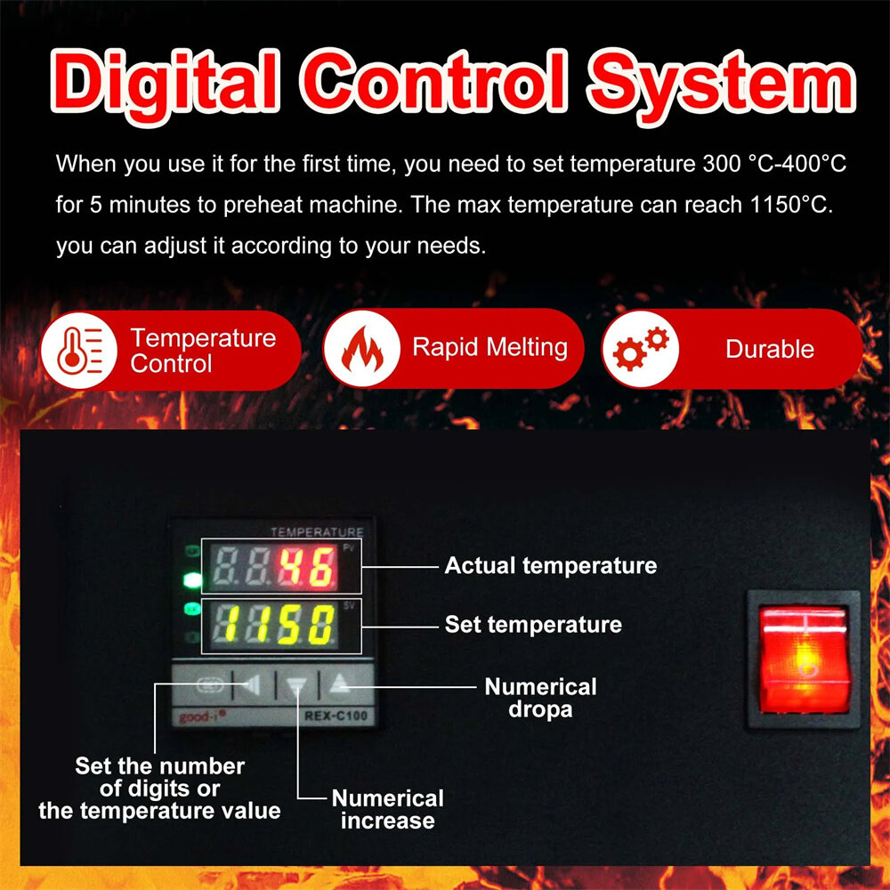 1400W Digital Electric Gold Melting Furnace with High Purity Graphite Crucible 1/2/3KG Capacity 1100°C/2000°F Max Temper