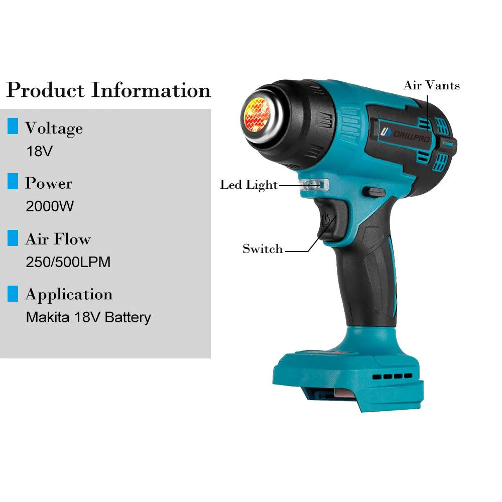 Drillpro 2000W Electric Heat Gun with 18V Power and High-Quality Ceramic Heating Core Features 3PCS Quick Dismantling Nozzles an