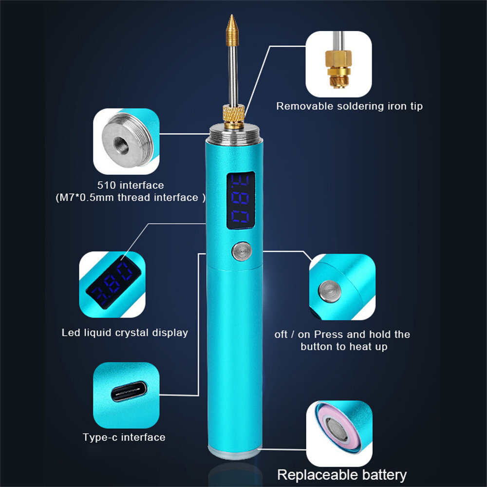 BS45 Portable Soldering Iron 16-20W Adjustable Voltage 320-450℃ USB Charging 2600mAh Battery Quick Heat Up High Temp Resistance