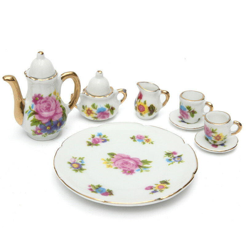 8pcs Porcelain Vintage Tea Sets Teapot Coffee Retro Floral Cups Doll House Decor Toy