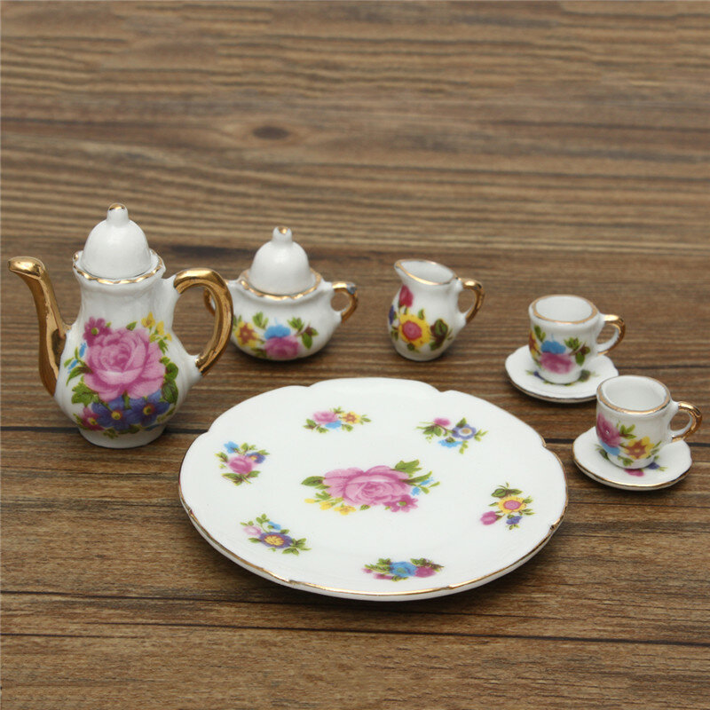 8pcs Porcelain Vintage Tea Sets Teapot Coffee Retro Floral Cups Doll House Decor Toy