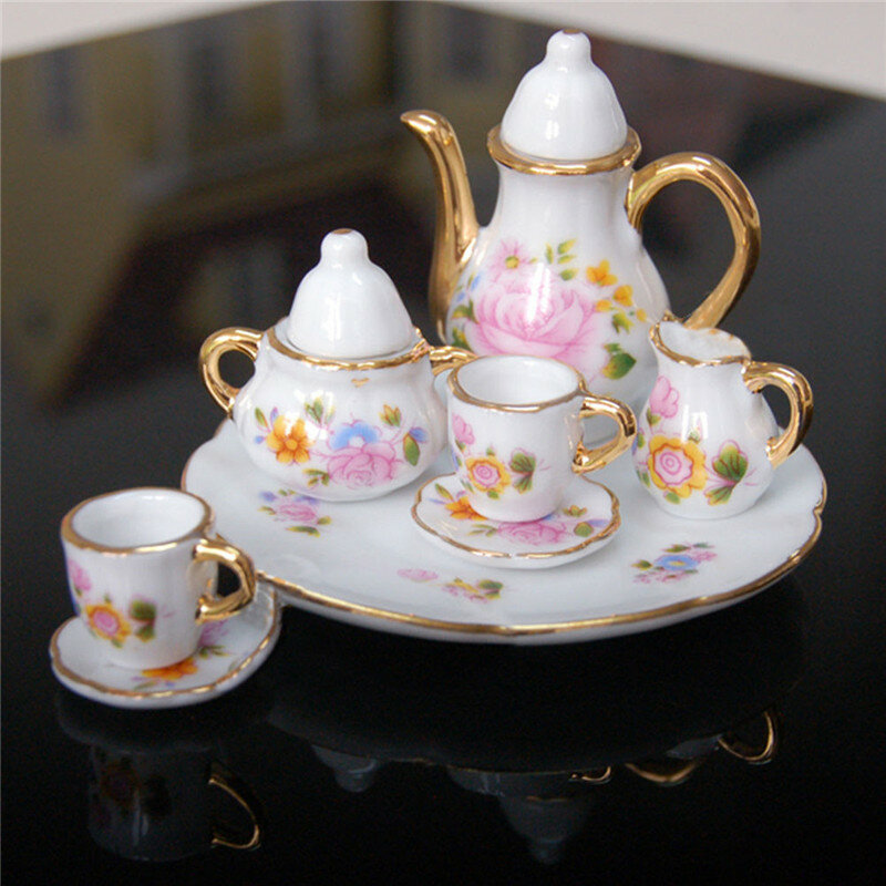 8pcs Porcelain Vintage Tea Sets Teapot Coffee Retro Floral Cups Doll House Decor Toy