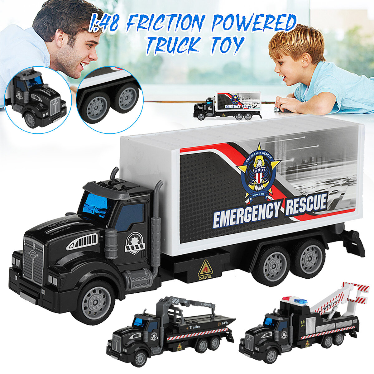 1: 48 Black Obstacle Removal Trailer / Flatbed Vehicle / Transport Vehicle Flat Head Return Environmental Sanitation Vehicle