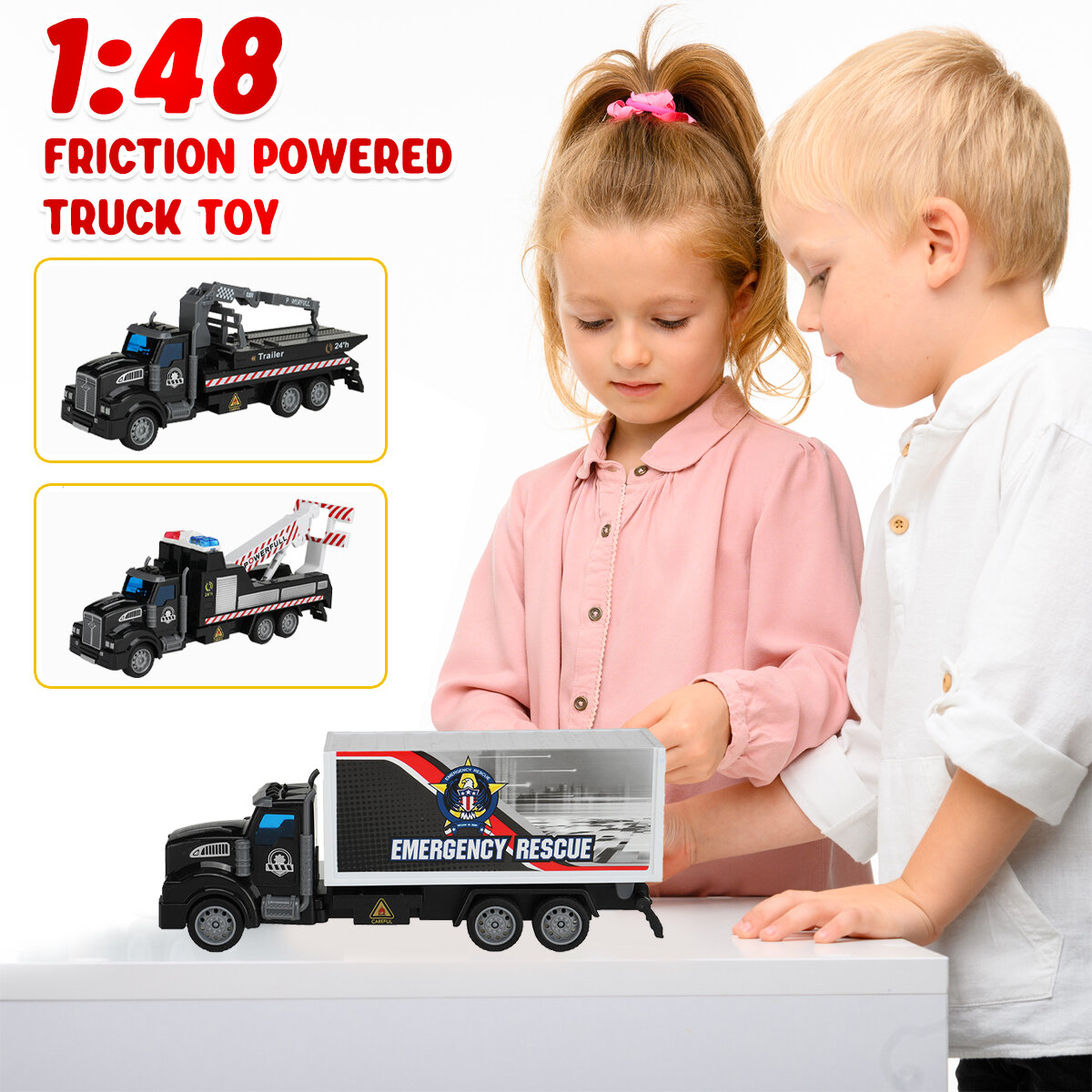 1: 48 Black Obstacle Removal Trailer / Flatbed Vehicle / Transport Vehicle Flat Head Return Environmental Sanitation Vehicle