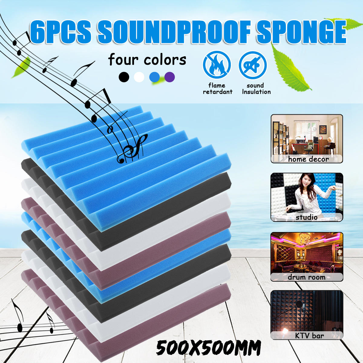 6PCS 50*50 CM Studio Acoustic Soundproof Foam Sound Absorbing Sponge For Piano Room Drum Studio