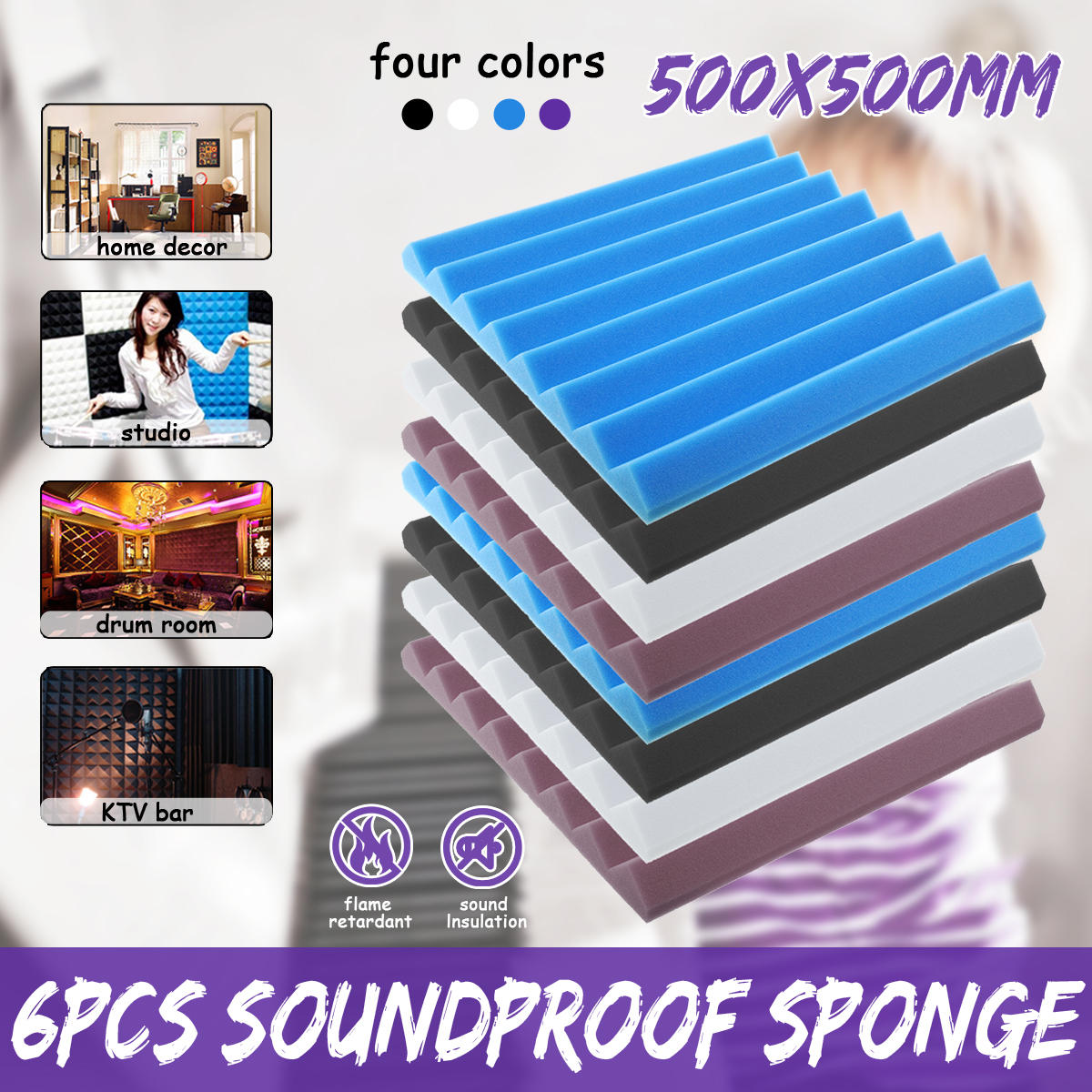 6PCS 50*50 CM Studio Acoustic Soundproof Foam Sound Absorbing Sponge For Piano Room Drum Studio